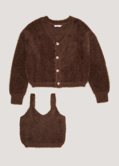 Girls Candy Couture Brown Fluffy Co-Ord Cardigan & Cami (9-16yrs)