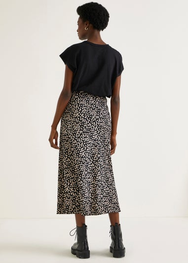 Black Spot Flared Hem Midi Skirt