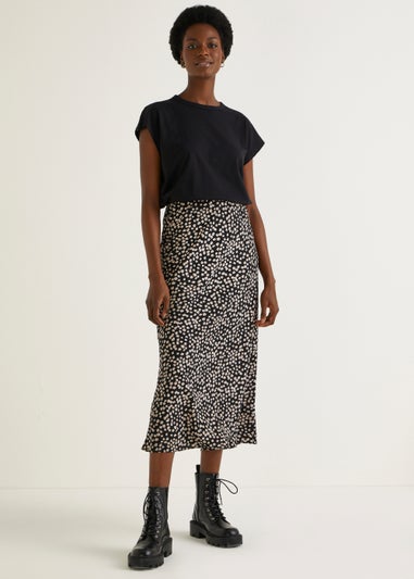 Black Spot Flared Hem Midi Skirt