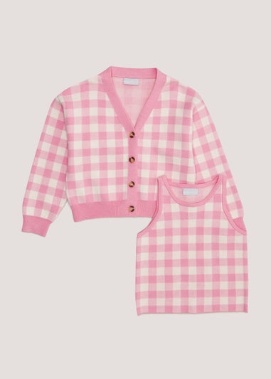 Girls Pink Check Cardigan & Top Co-Ord Set (4-13yrs)