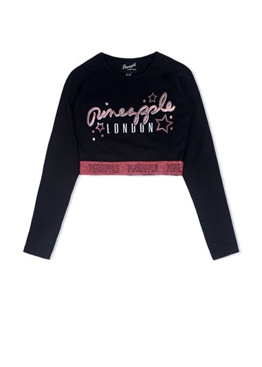 Girls Pineapple Black Long Sleeve Crop Top (5-13yrs)