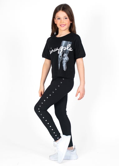 Girls Pineapple Black Heart Stud Leggings (5-12yrs)