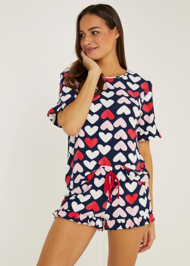 Navy Heart Print Short Pyjama Set