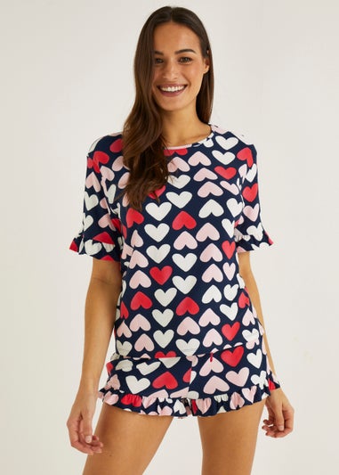 Navy Heart Print Short Pyjama Set