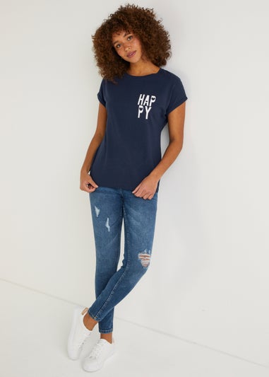 Navy Happy Slogan T-Shirt