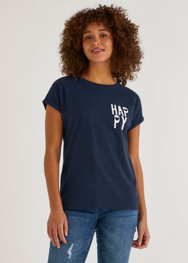 Navy Happy Slogan T-Shirt
