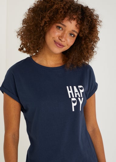 Navy Happy Slogan T-Shirt