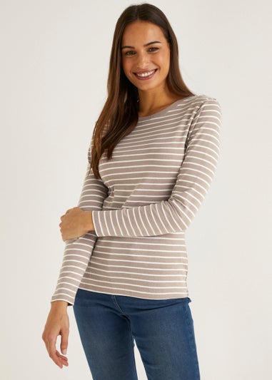 Beige Stripe Long Sleeve T-Shirt