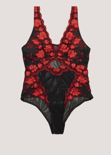 Black & Red Floral Embroidered Bodysuit - Matalan