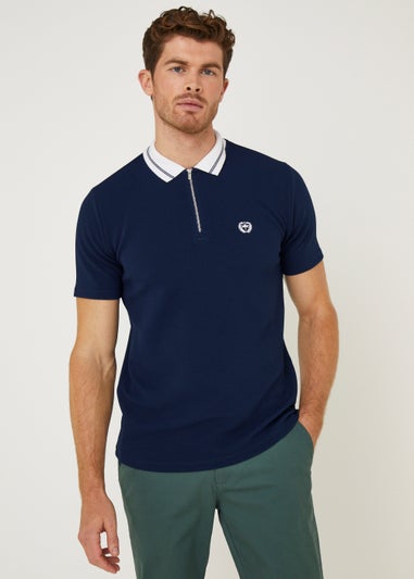 Navy Textured Zip Polo Shirt