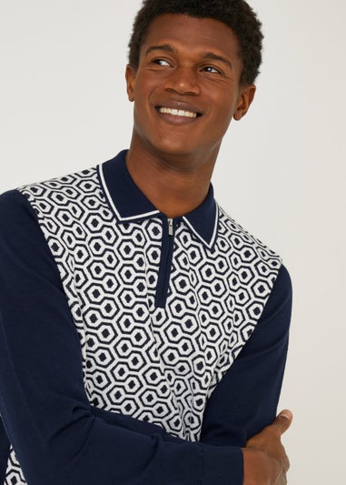 Navy Hexagon Long Sleeve Polo Shirt