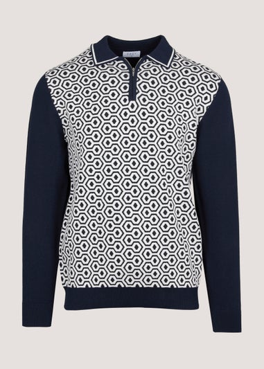 Navy Hexagon Long Sleeve Polo Shirt