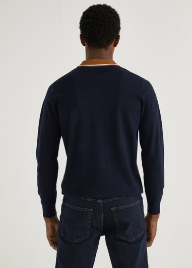 Navy & Tan Stripe Long Sleeve Polo Shirt