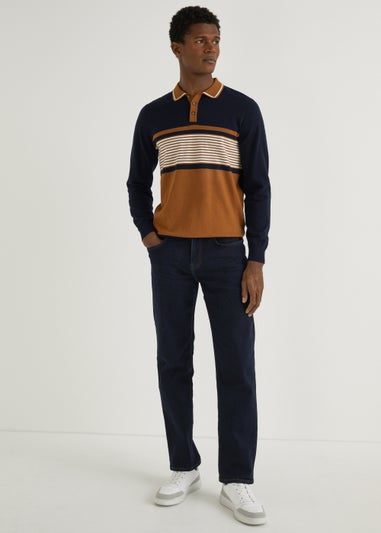 Navy & Tan Stripe Long Sleeve Polo Shirt