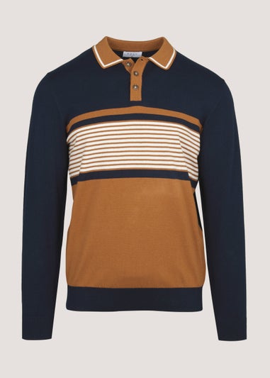 Navy & Tan Stripe Long Sleeve Polo Shirt