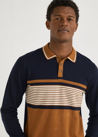 Navy & Tan Stripe Long Sleeve Polo Shirt