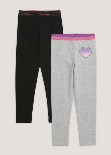 Girls 2 Pack Black & Grey Print Leggings (4-13yrs)