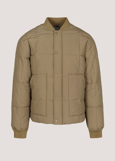 Tan Square Quilted Bomber Jacket