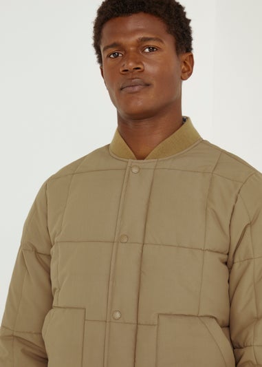 Tan Square Quilted Bomber Jacket