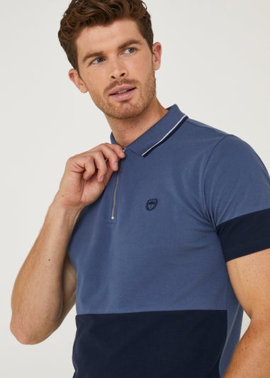 Blue Panel Zip Up Polo Shirt