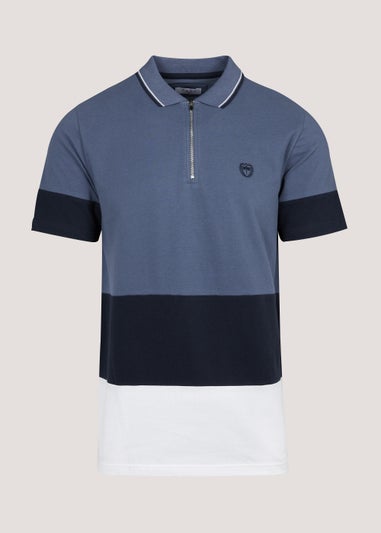 Blue Panel Zip Up Polo Shirt