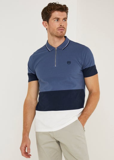 Blue Panel Zip Up Polo Shirt