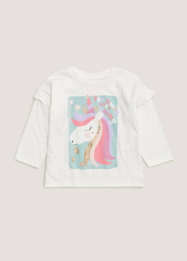 Girls White Unicorn Print Long Sleeve T-Shirt (9mths-6yrs)