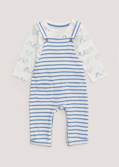 Baby Blue Stripe Dungarees & Top Set (Newborn-23mths)