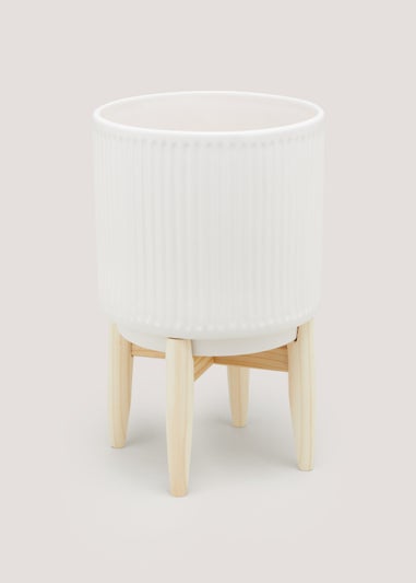 White Ribbed Ceramic Planter with Wood Stand (35cm x 18cm)