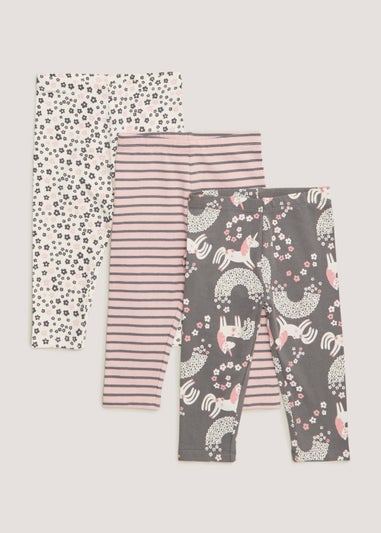 Girls 3 Pack Stripe & Unicorn Print Leggings (9mths-6yrs)