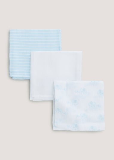 3 Pack Blue Muslin Cloths (73cm x 73cm) - Matalan