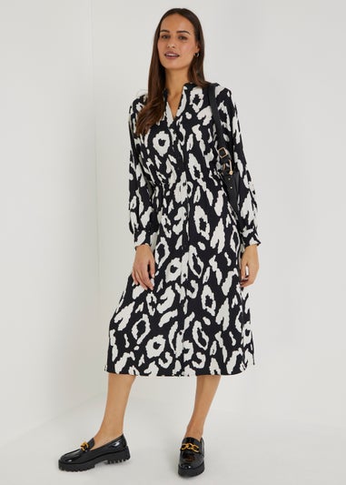 Black Animal Print Midi Shirt Dress