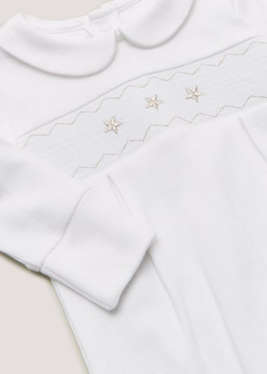 Baby White Smocked Star Sleepsuit (Tiny Baby-12mths)