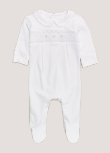 Baby White Smocked Star Sleepsuit (Tiny Baby-12mths)