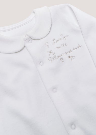 Baby White Velour Sleepsuit (Tiny Baby-12mths)