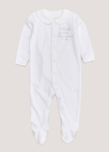 Baby White Velour Sleepsuit (Tiny Baby-12mths)