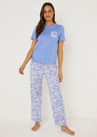 Blue Zebra Print Fleece Pyjama Bottoms - Matalan