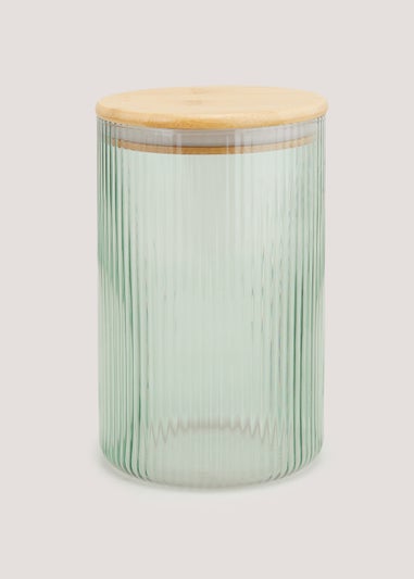 Green Large Ribbed Glass Lidded Canister (18.5cm x 11.5cm)