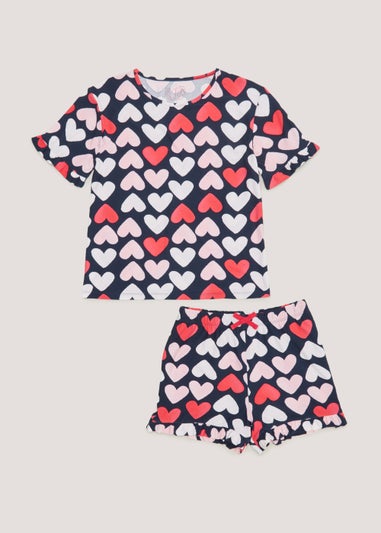 Girls Mini Me Navy Heart Soft Touch Shortie Pyjama Set (4-13yrs)