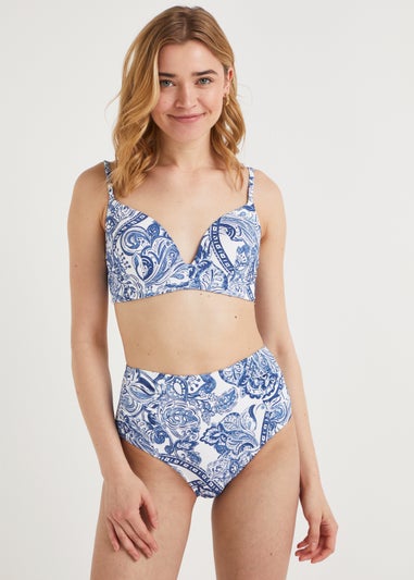 Blue Paisley High Waisted Brazilian Bikini Bottoms