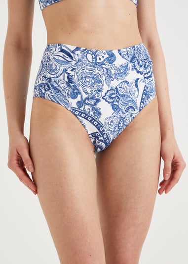 Blue Paisley High Waisted Brazilian Bikini Bottoms