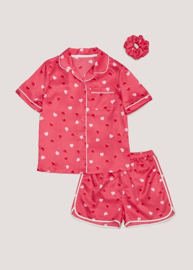 Girls Pink Heart Satin Pyjama Set (4-13yrs)