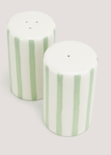 Cream & Green Stripe Salt & Pepper Shakers (7cm x 4cm)