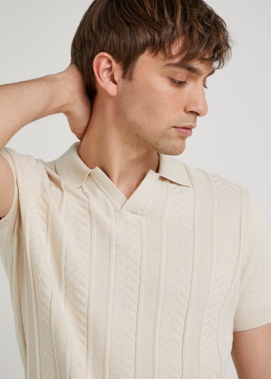 Cream Textured Knitted Polo Shirt