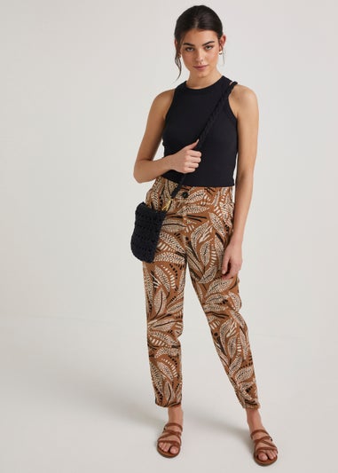 Brown Leaf Print Tapered Trousers
