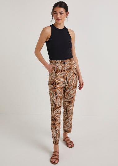 Brown Leaf Print Tapered Trousers