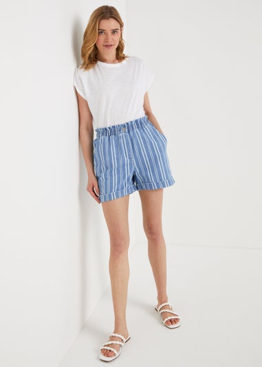 Blue Stripe Denim Paperbag Shorts