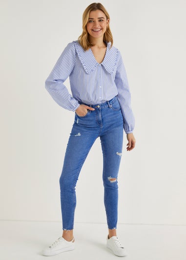 Blue Stripe Seersucker Collar Blouse