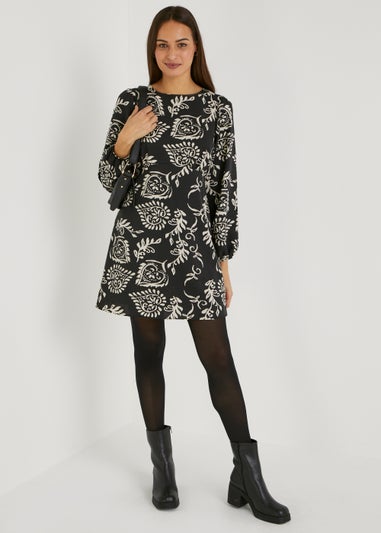 Black Folk Print Mini Dress