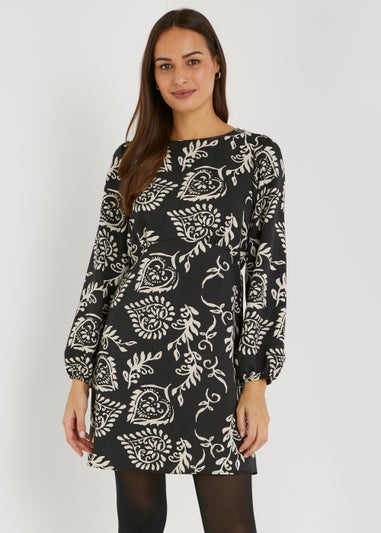 Black Folk Print Mini Dress